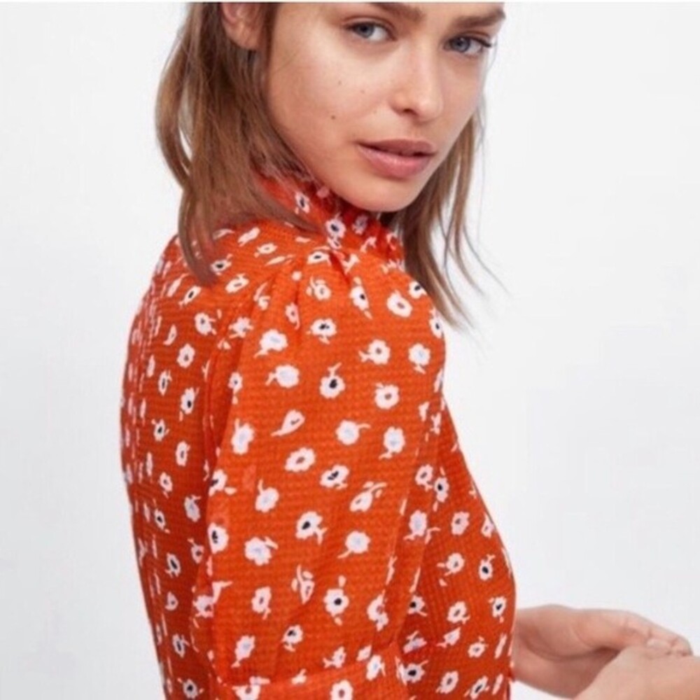 Zara Orange Floral Print Mini Dress‎ Rhinestone Buttons - Picture 3 of 9